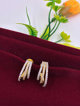 CZ Two Tone Triple line J Hoop Earrings