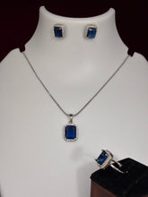 CZ Rectangle Sapphire Blue Pendant Set