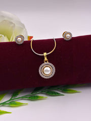 CZ Pearl Two Tone Round Pendant Set