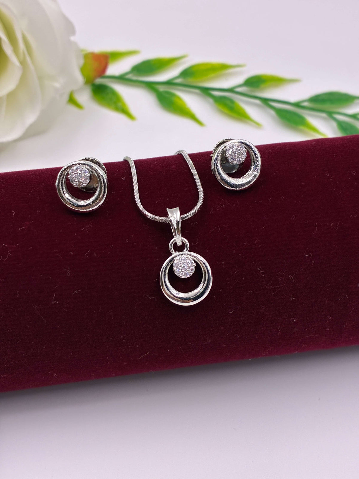 CZ Silver Circular Drop Pendant Set