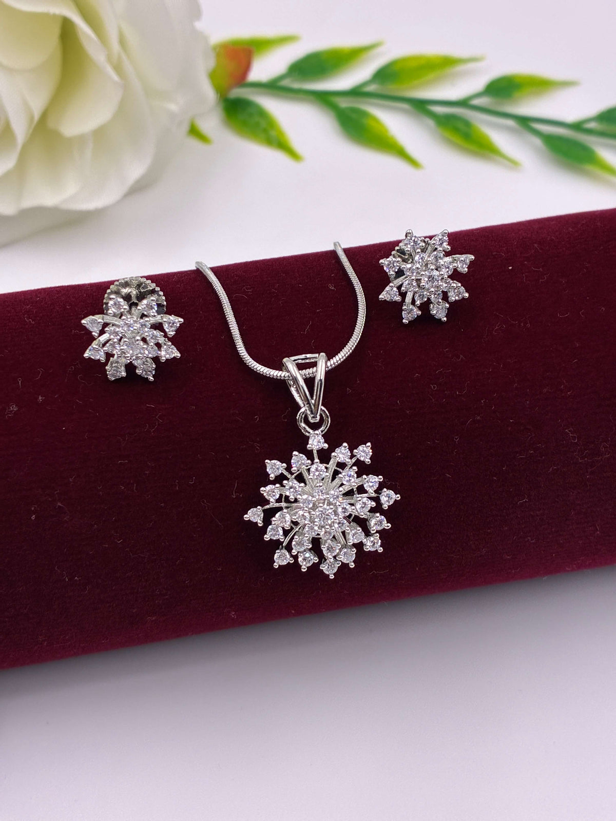 CZ Silver Tone Cluster Pendant Set