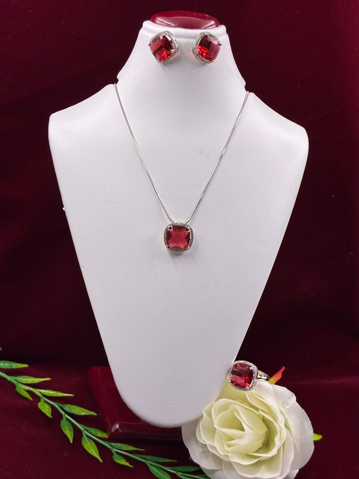 CZ Ruby Rounded Square Pendant Set