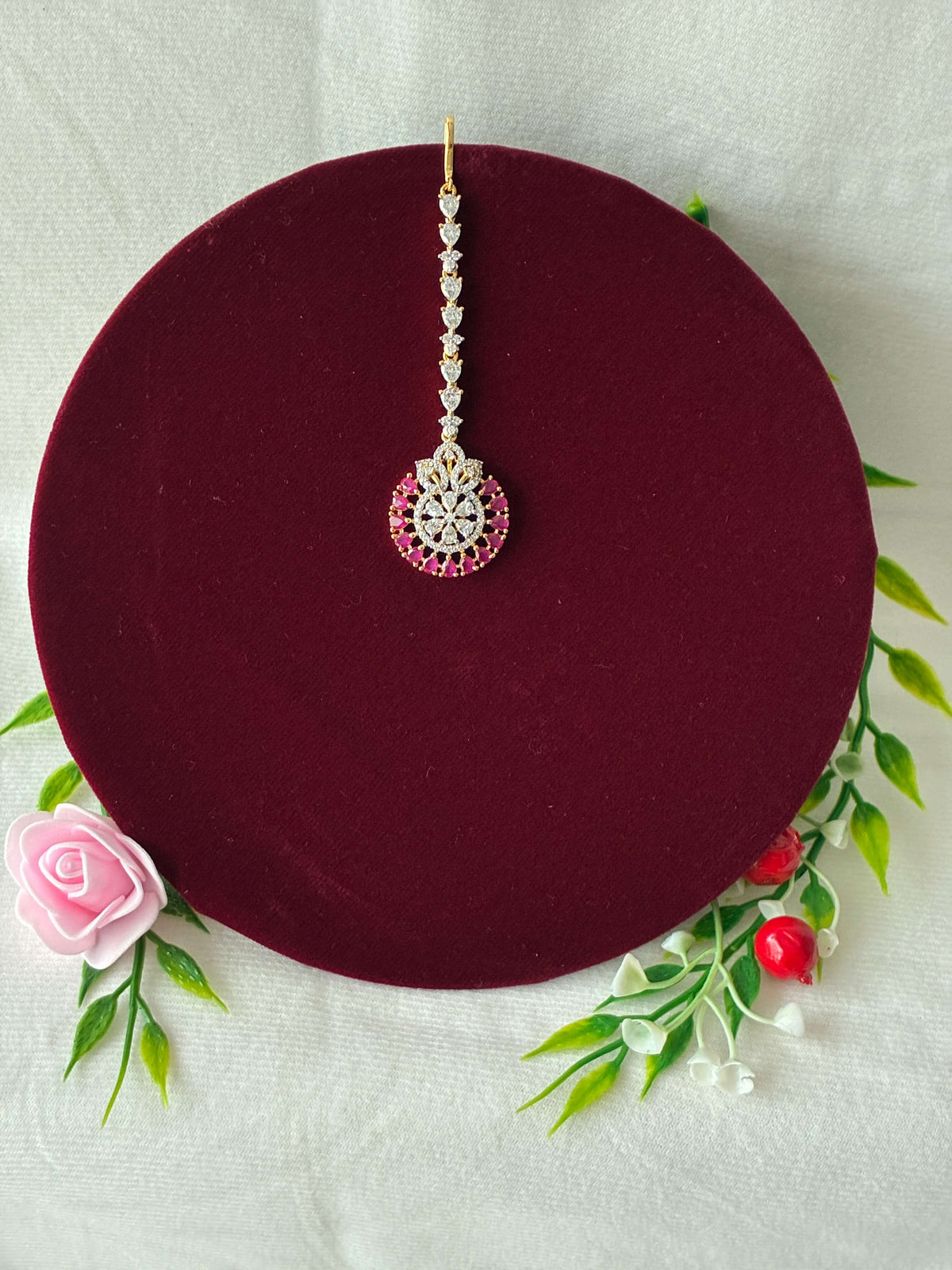 CZ Ruby Floral Mang Tika