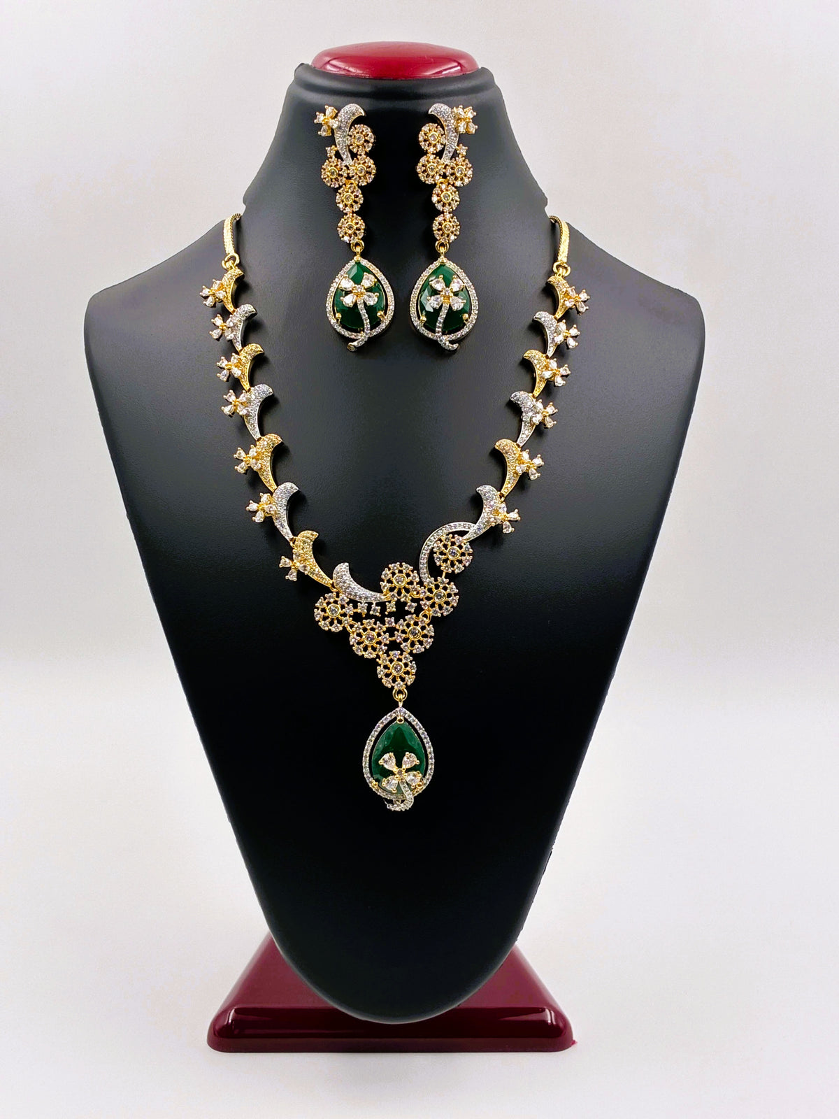 CZ Embellished Emerald Drop Necklace Set