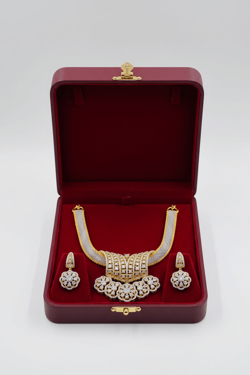 CZ Embellished Floral Pendant Designer Necklace Set