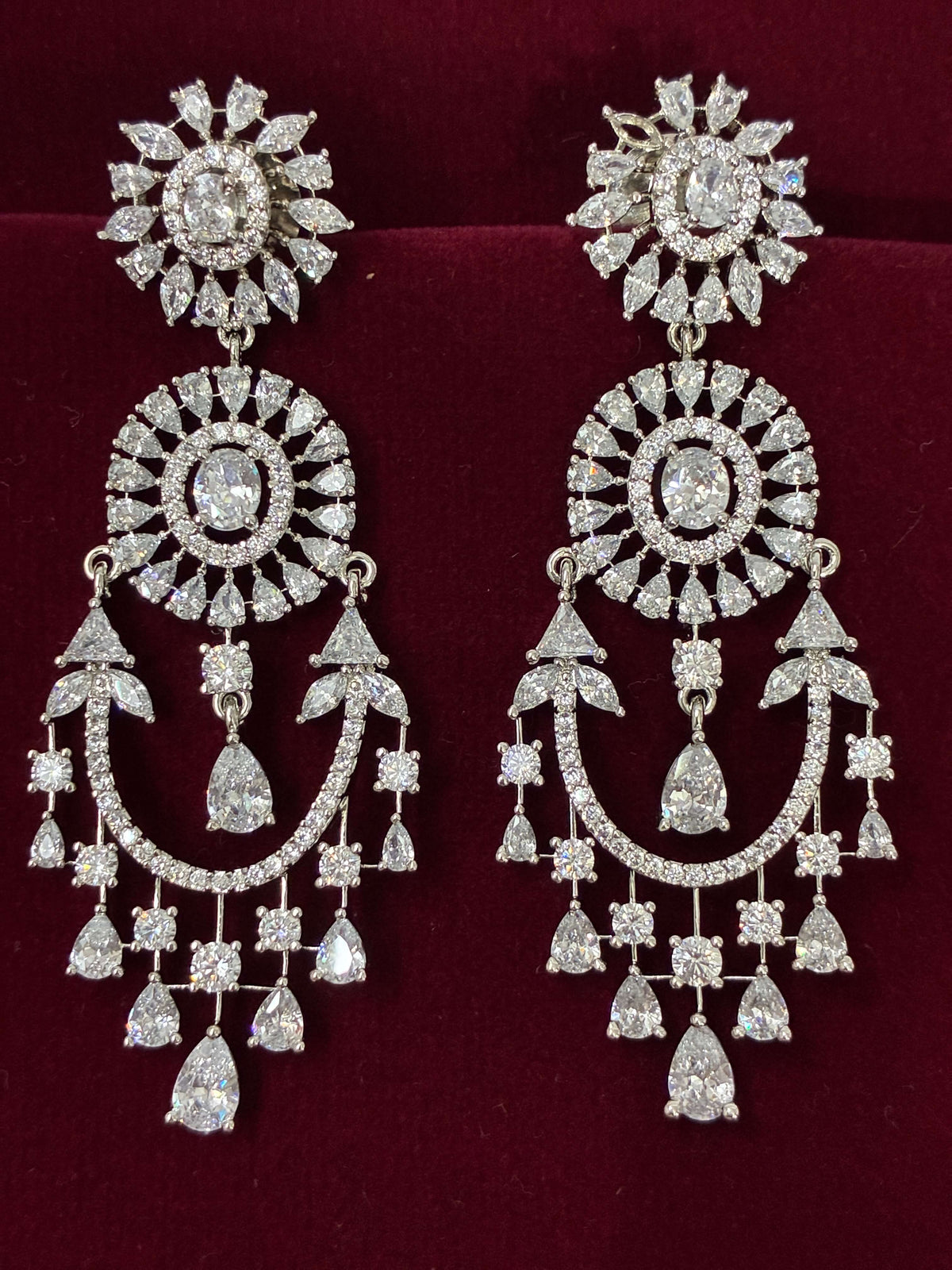 CZ Contemporary Silver tone Chand Bali Earring