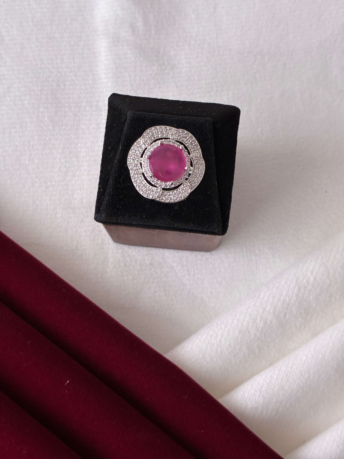 CZ Ruby Floral Finger Ring