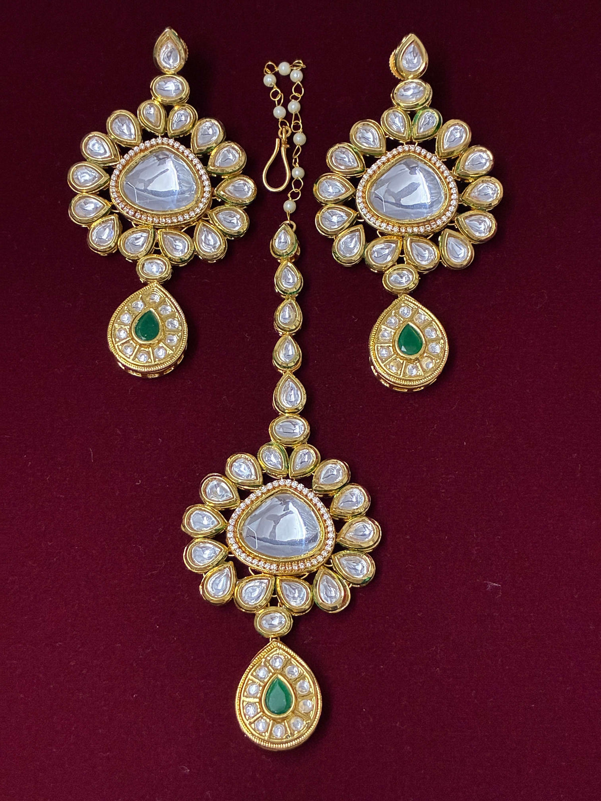 Kundan Green Tear Drop Mang Tika Earring set