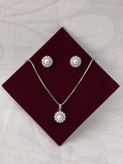 CZ Pearl Silver tone Floral Pendant set