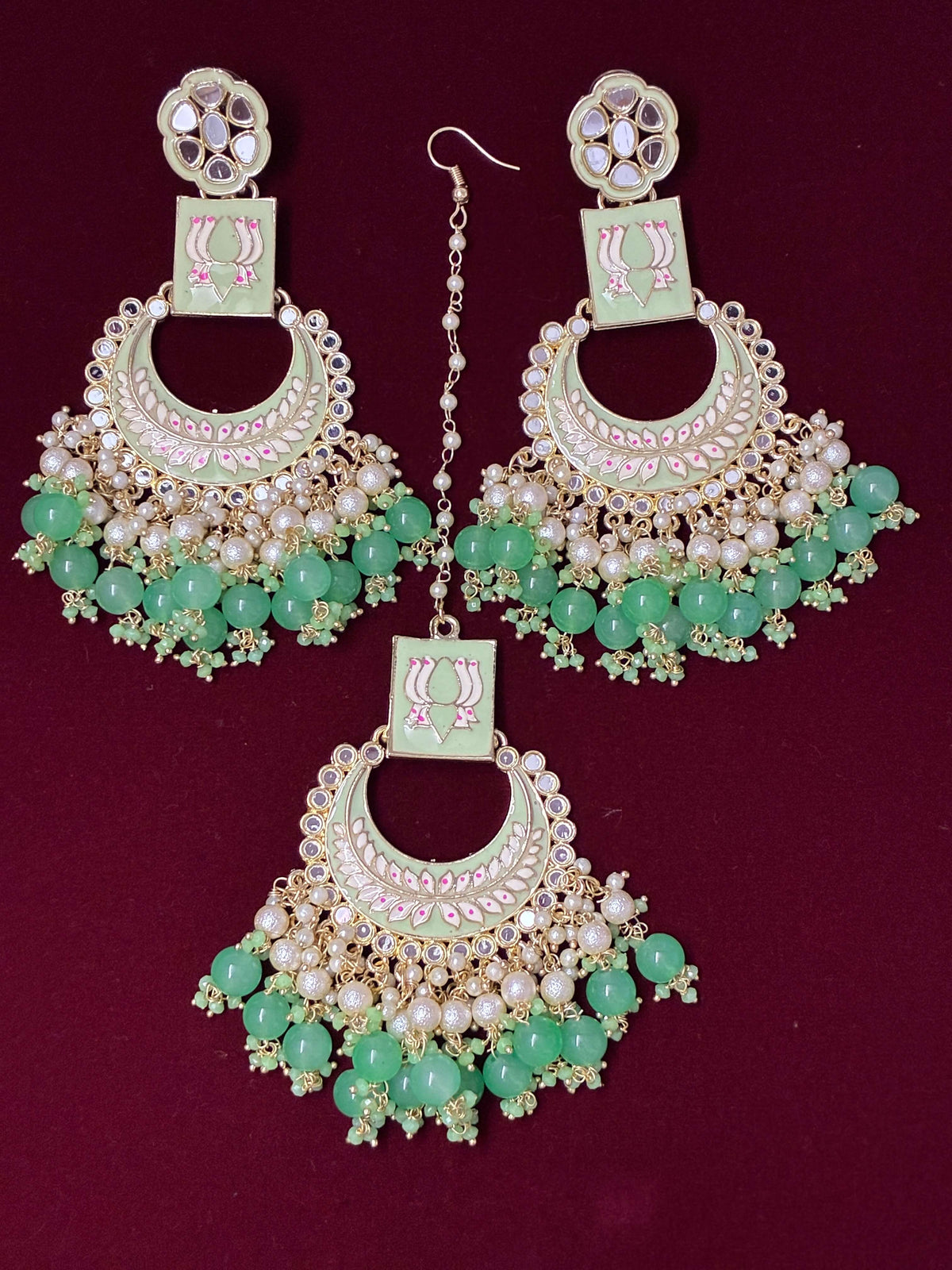 Indo Western Pastel Green Mirror work Mang Tika Earring set