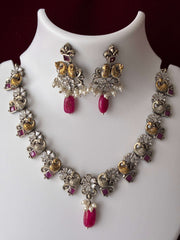 Oxidised Dual Tone Ruby Drop Necklace set