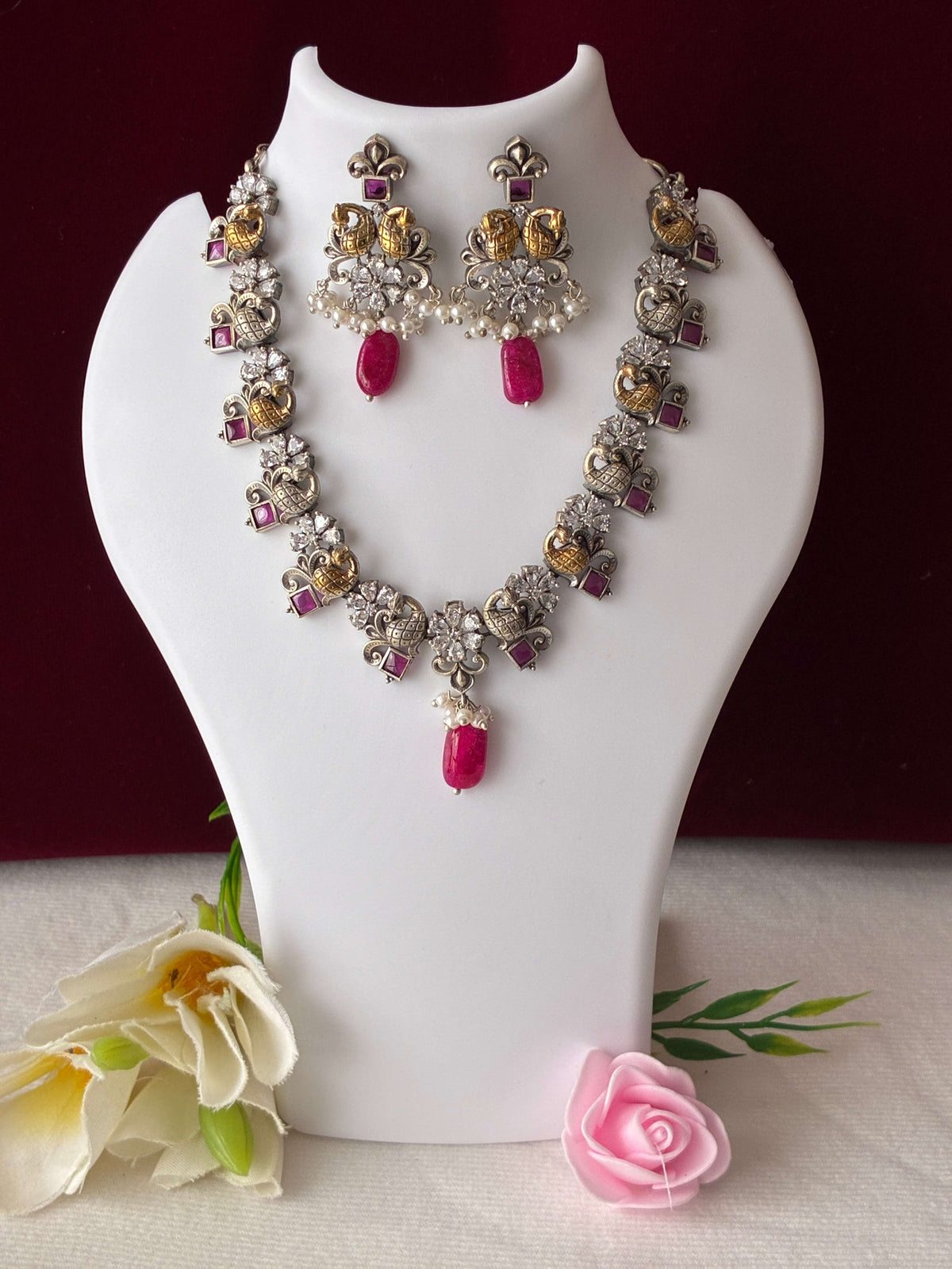 Oxidised Dual Tone Ruby Drop Necklace set