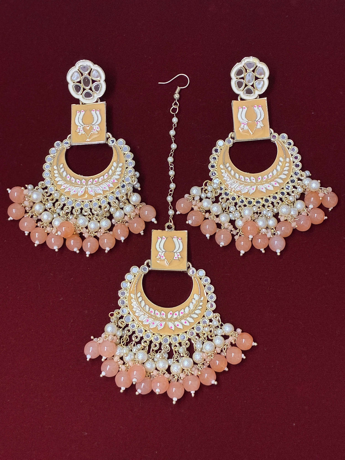 Indo Western Peach Mirror work Mang Tika Earring set