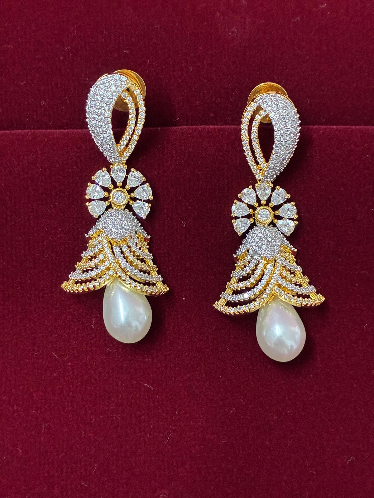 CZ Floral Pearl Drop Jhumka Earring