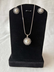 CZ Pearl Silver tone Blooming Pendant set