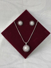 CZ Pearl Silver tone Blooming Pendant set