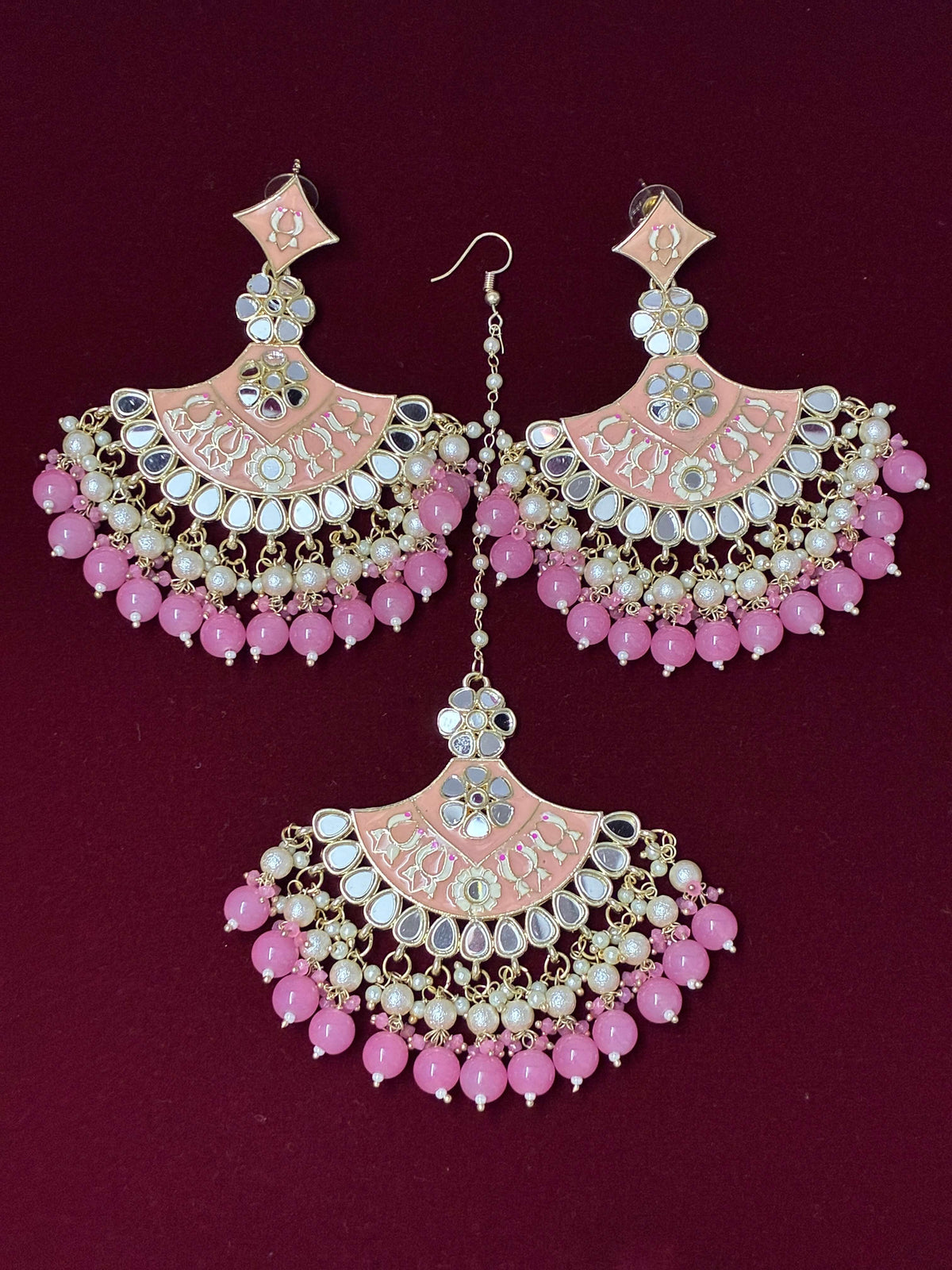 Indo Western Pink Mirror work Mang Tika Earring set