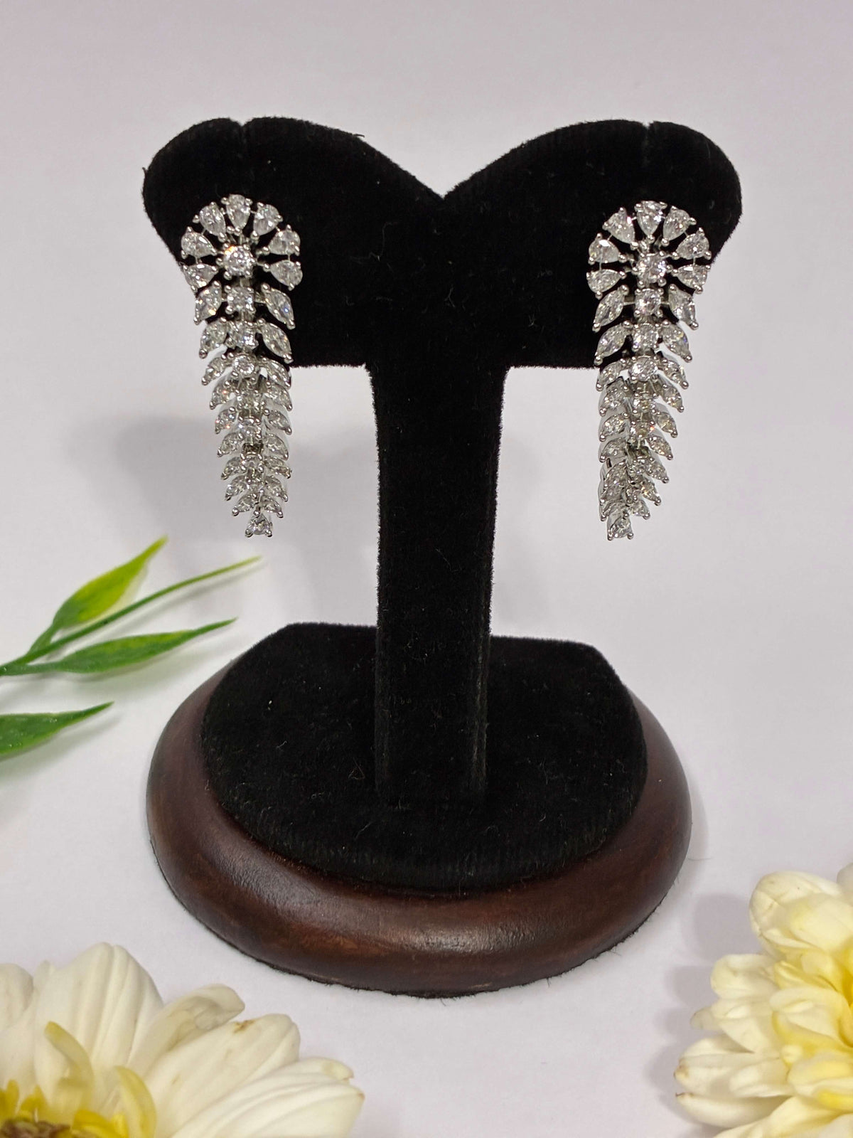 CZ Descending Silver Leaves Earring