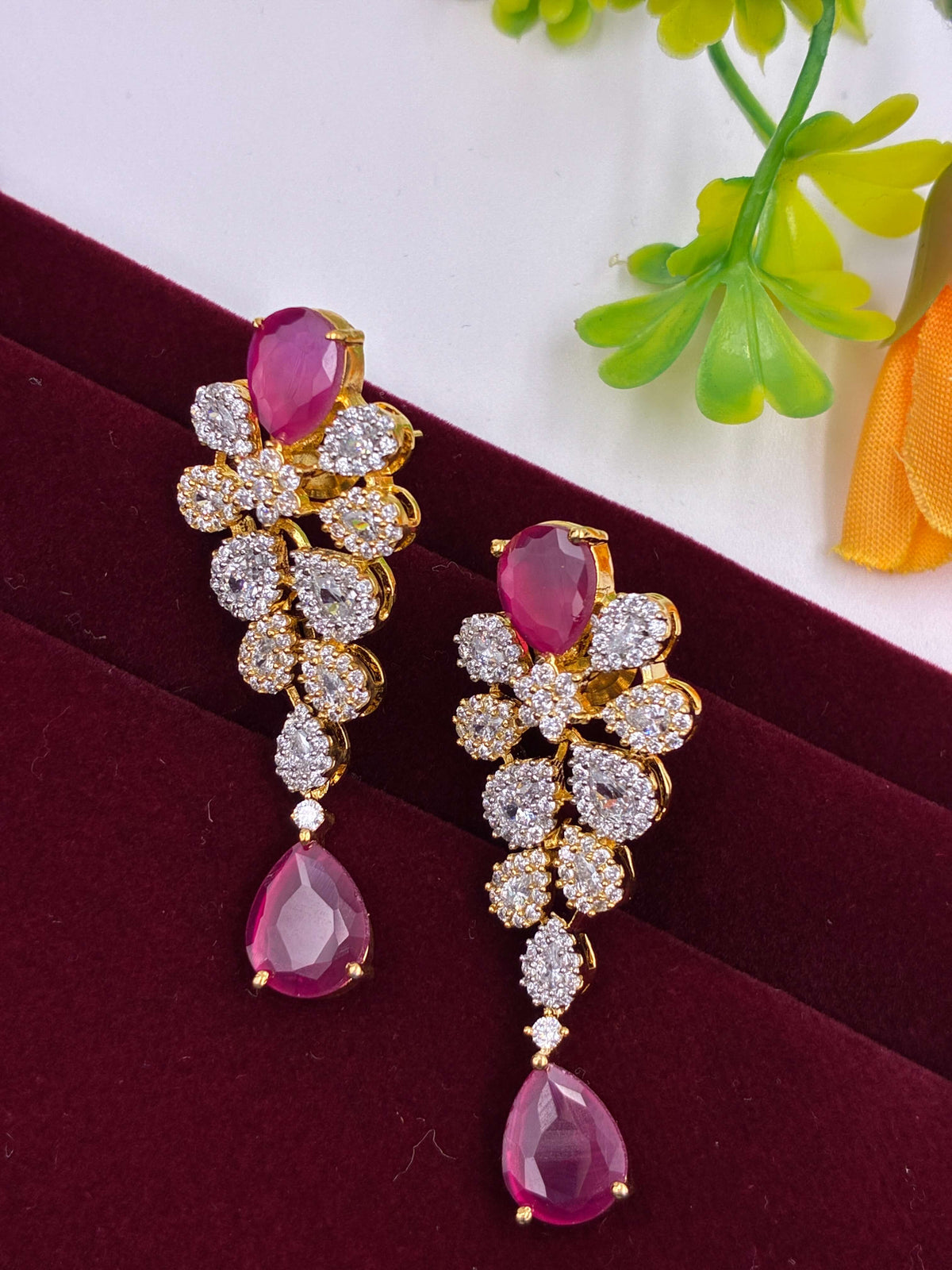 CZ Ruby Dual Tone Floral Earrings