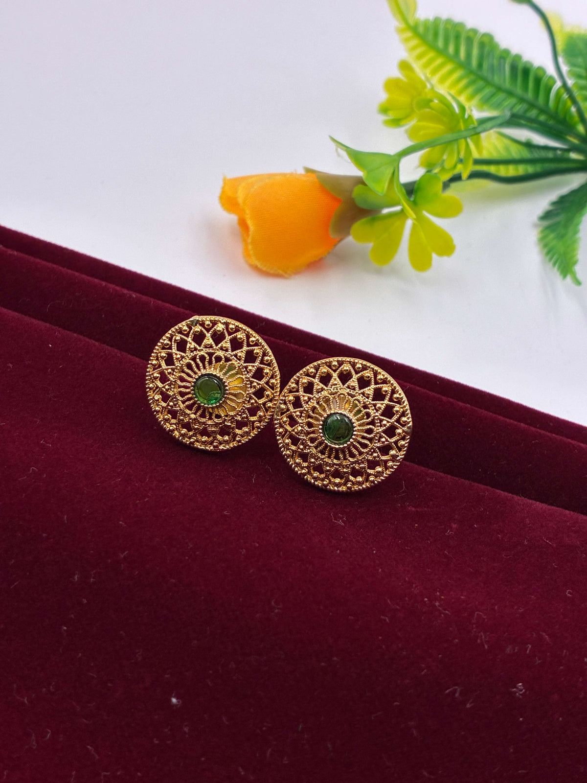 Antique Emerald Beautifully Carved Stud Earrings