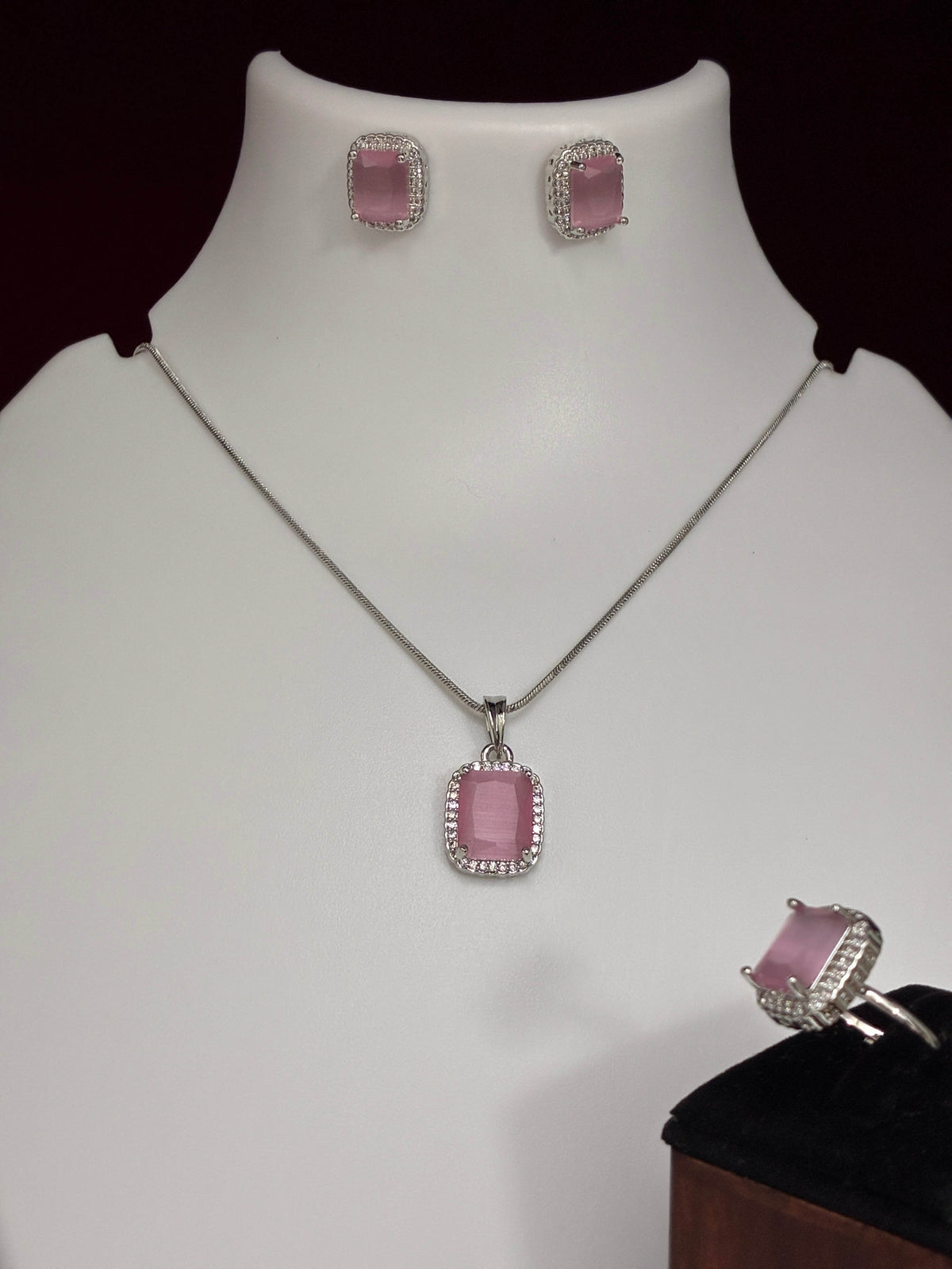 CZ Rectangle Pink Pendant Set