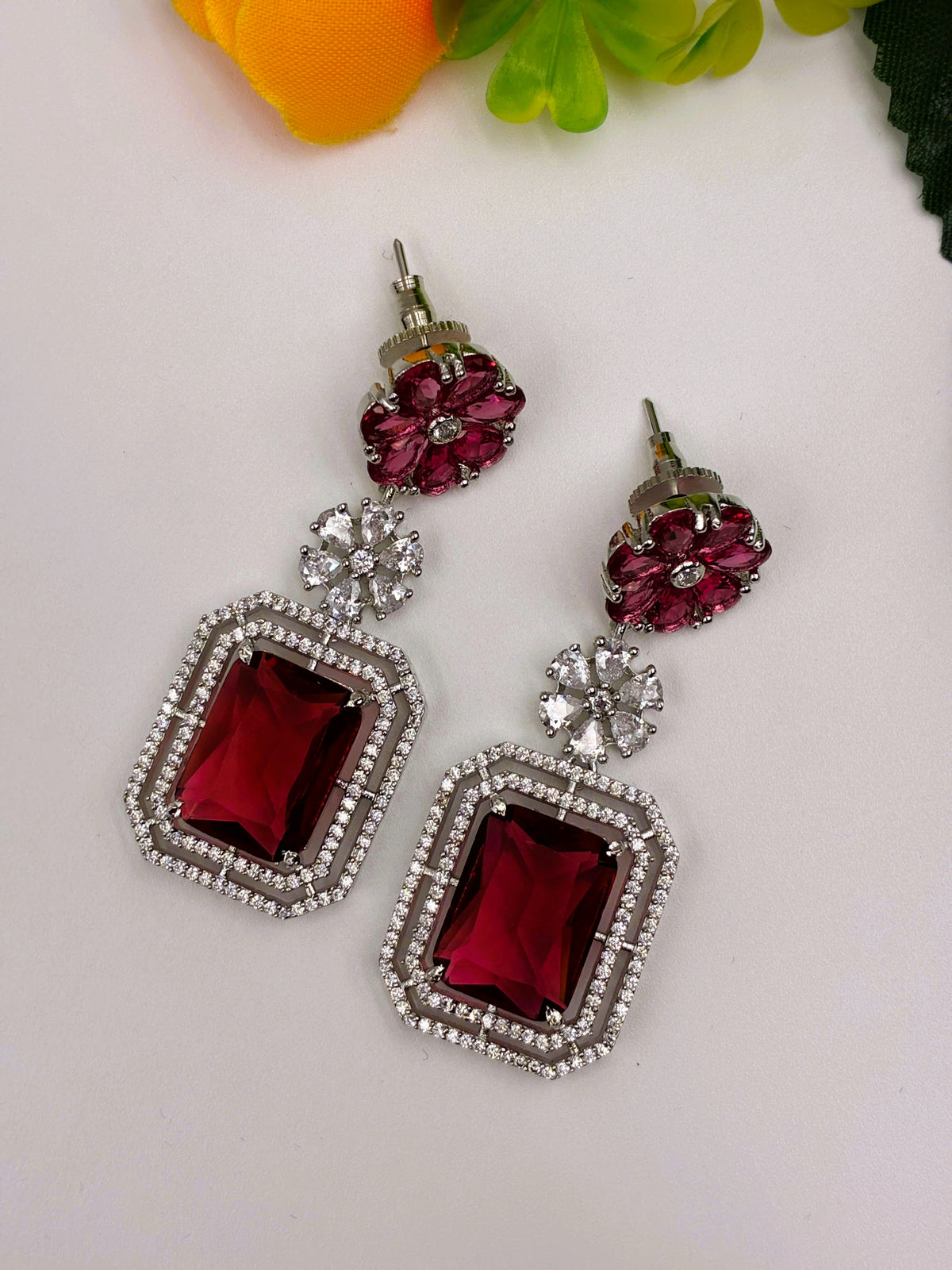 CZ Rich Ruby Floral designer Dangle Earring