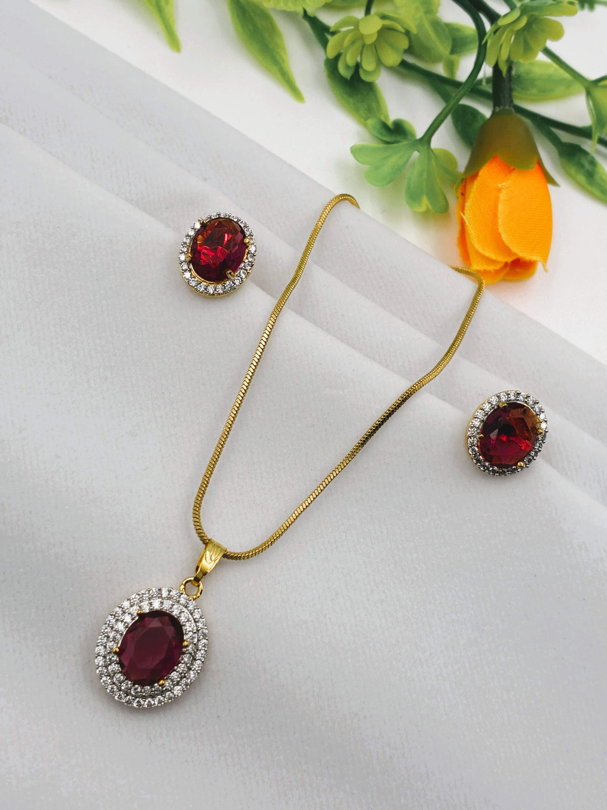 CZ Royale Ruby Oval Pendant Set