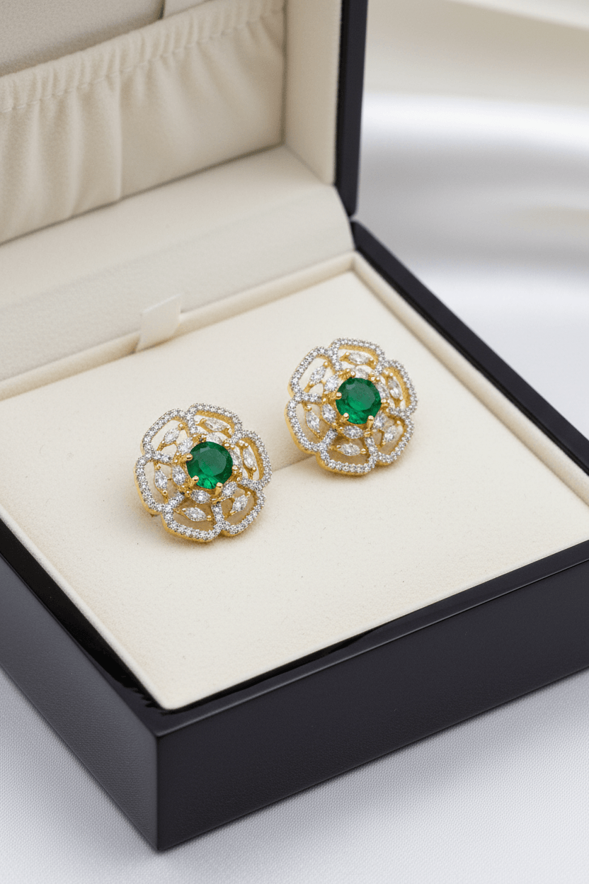 CZ Emerald Floral Stud Earring