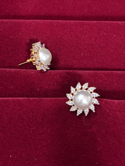CZ Pearl round sparkling Dual tone Stud Earring