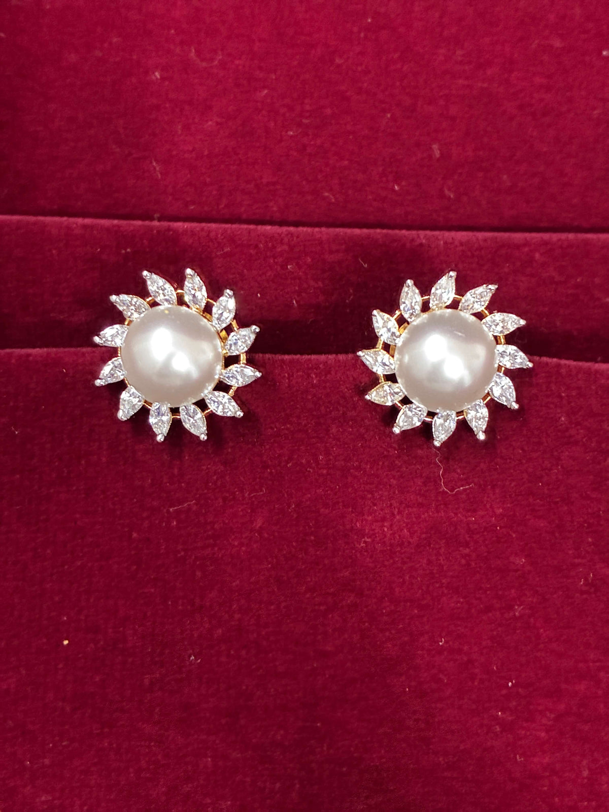CZ Pearl round sparkling Dual tone Stud Earring
