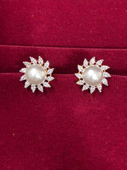 CZ Pearl round sparkling Dual tone Stud Earring