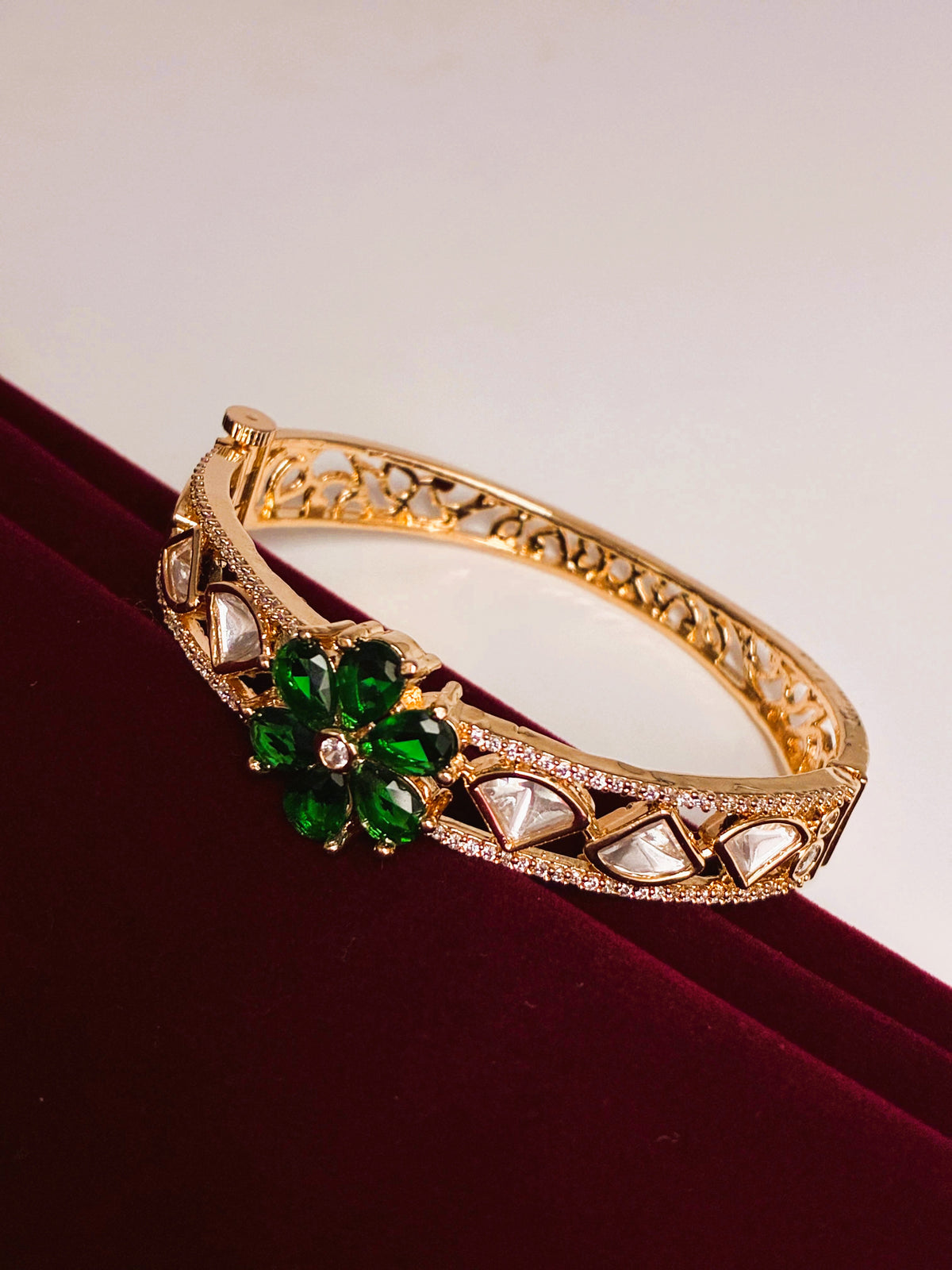 Kundan Glint Green Floral openable Kada