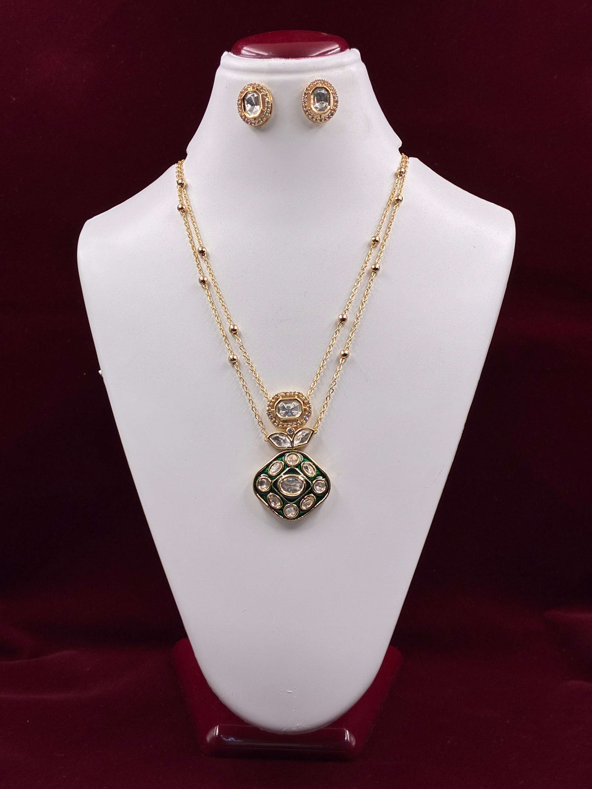 Kundan Green Meenakari Double Chain Pendant Set