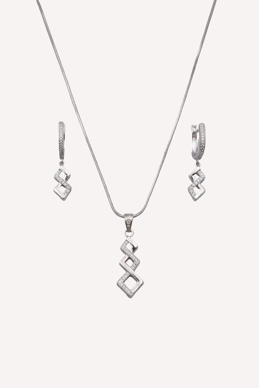 CZ Silver Tone Designer Pendant Set