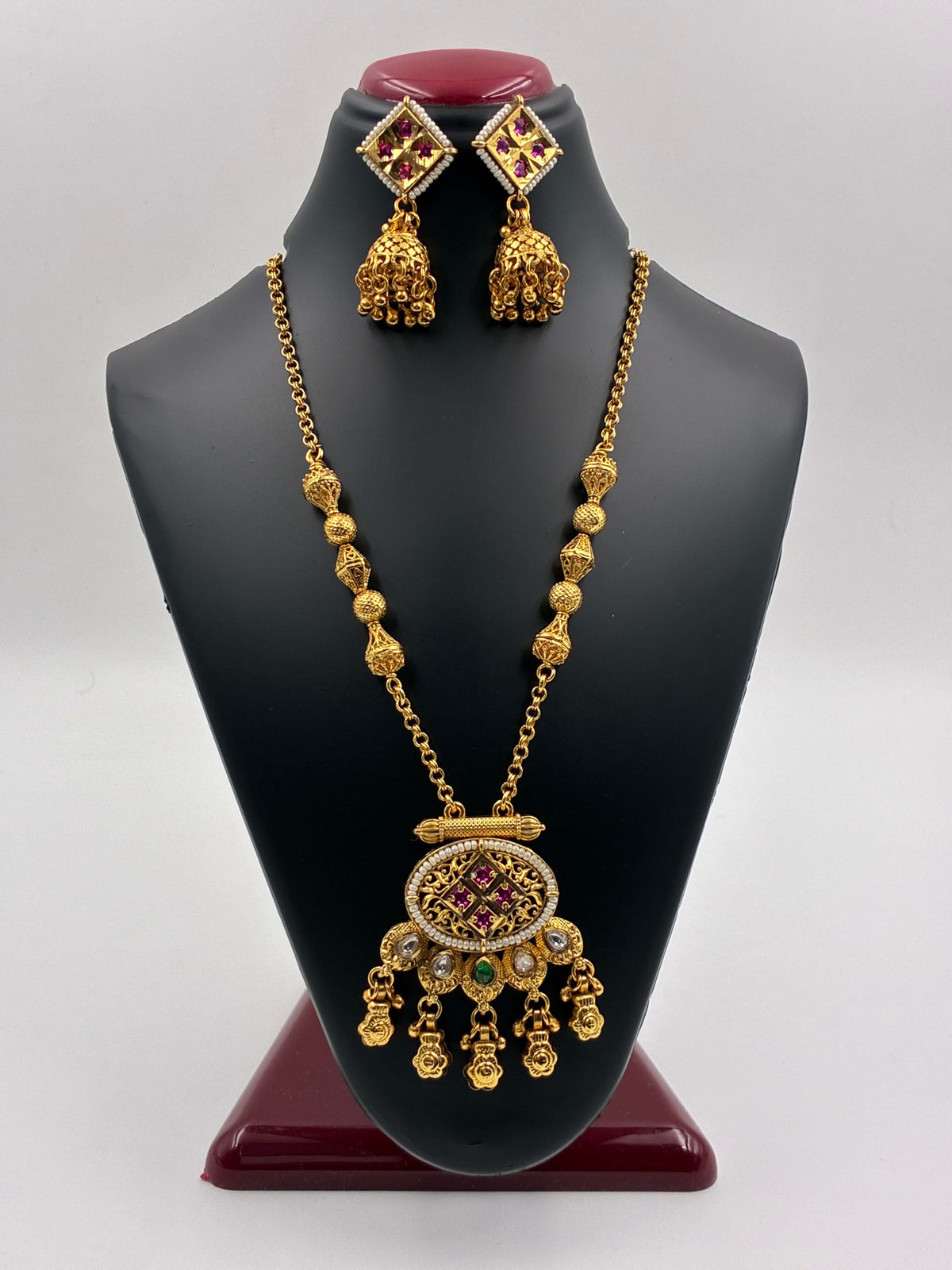 Antique Ruby Green Ghungroo Drop Pendant set