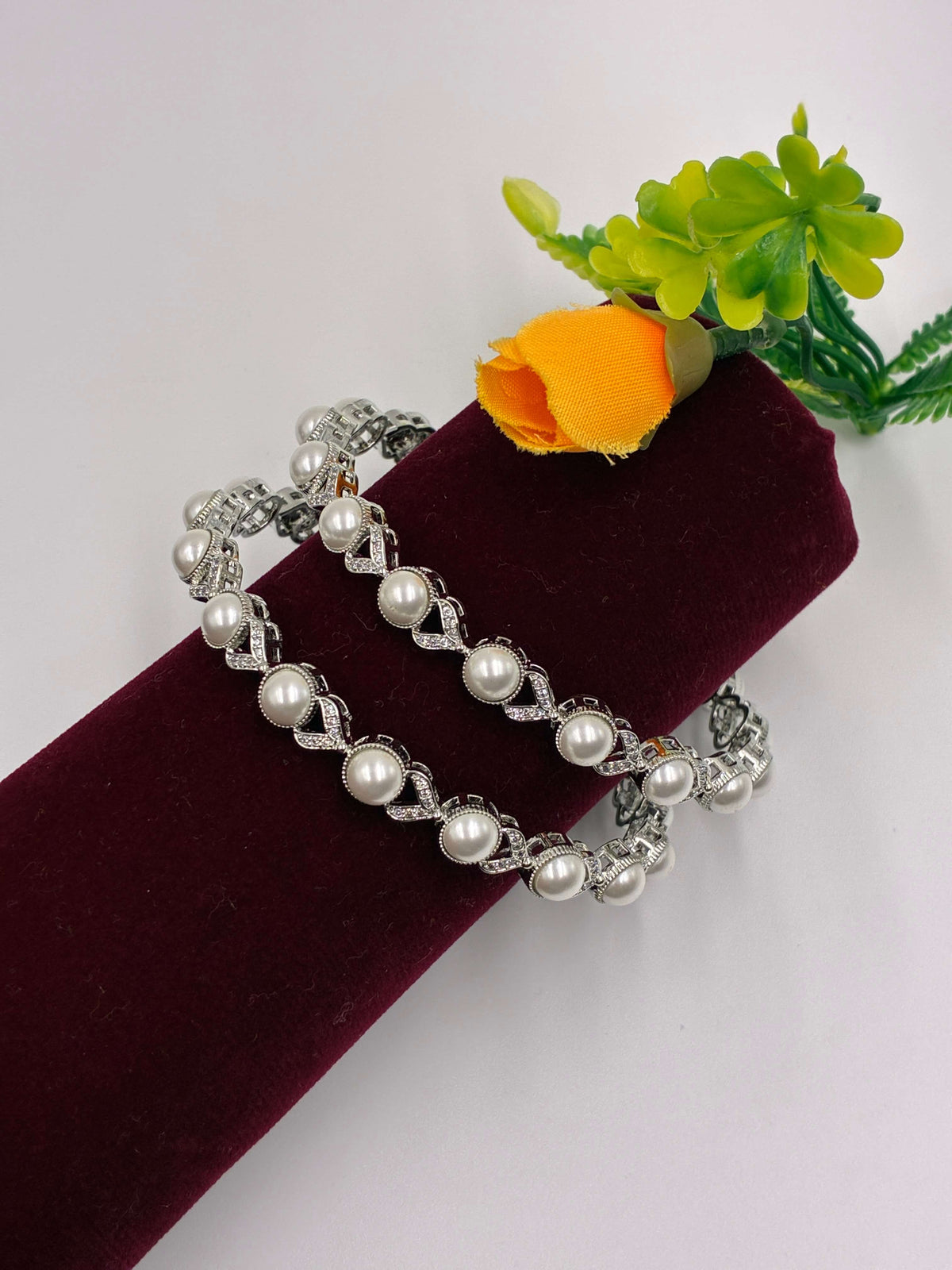 CZ Pearl Silver tone Designer Bangle