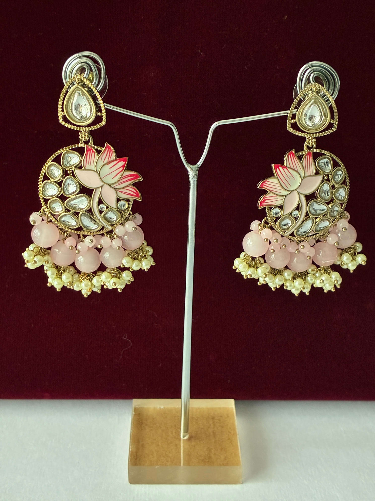 Indo Western Pink Lotus Pearl Drop Earring