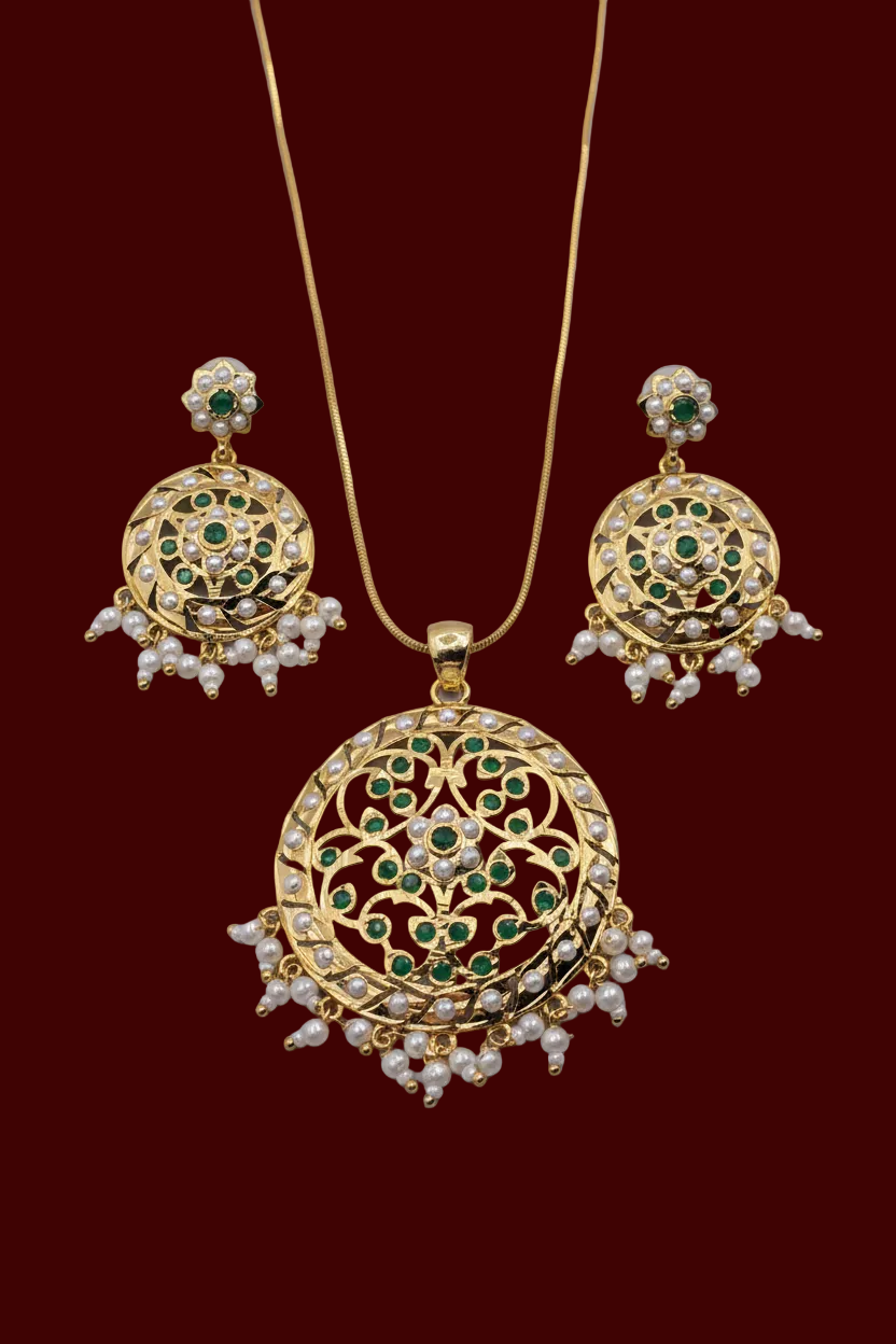 CZ Emerald Pearl Luxe Designer Pendant Set