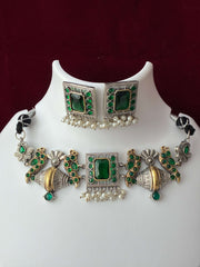 Oxidised Dual tone Folk Pattern Choker Necklace Set