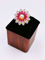 CZ Ruby Moti Floral Finger Ring