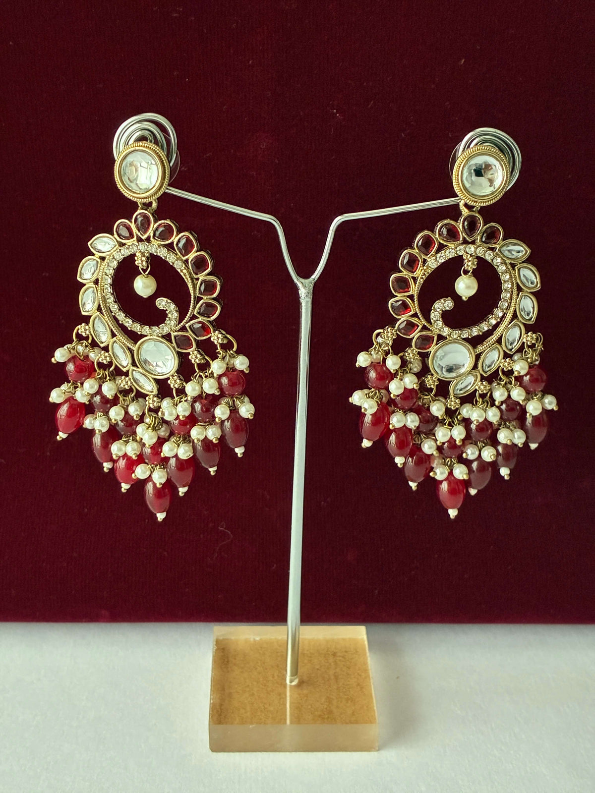 Indo Western Marron White Moti Beads Earring