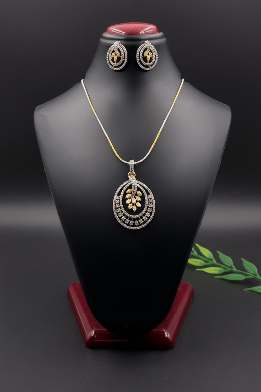 CZ Ornate Oval Shape Pendant Set