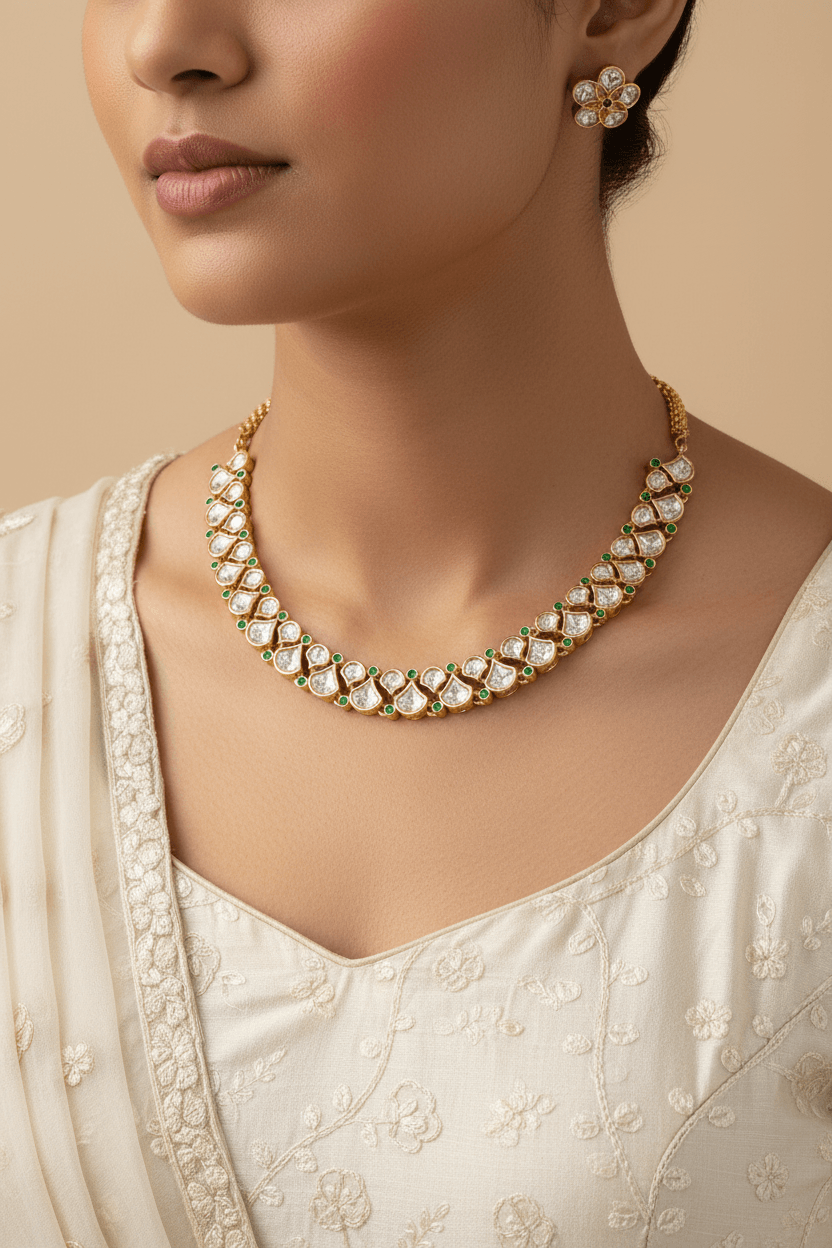 Kundan Emerald Elegant Line Necklace set