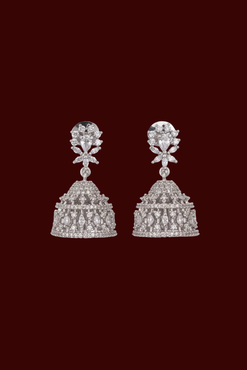 CZ Silver Tone Designer Jhumki Earring