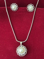 CZ Pearl Silver tone Blooming Pendant set