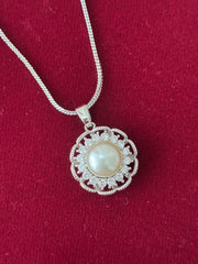 CZ Pearl Silver tone Blooming Pendant set