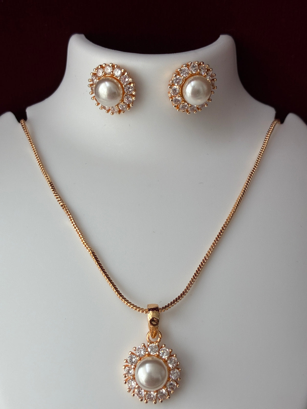 CZ Pearl Golden tone Floral Pendant set
