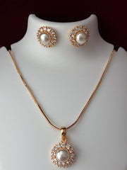 CZ Pearl Golden tone Floral Pendant set
