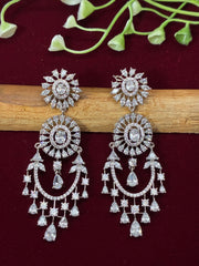 CZ Contemporary Silver tone Chand Bali Earring