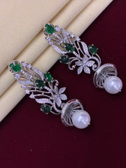 CZ Elegant Emerald Green Pearl Drop Dangler